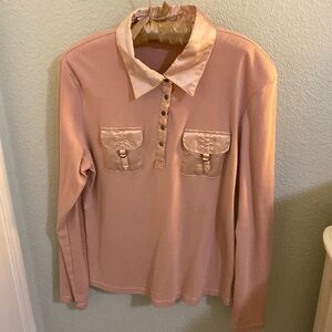 Pink long sleeve knit shirt with satin collar
